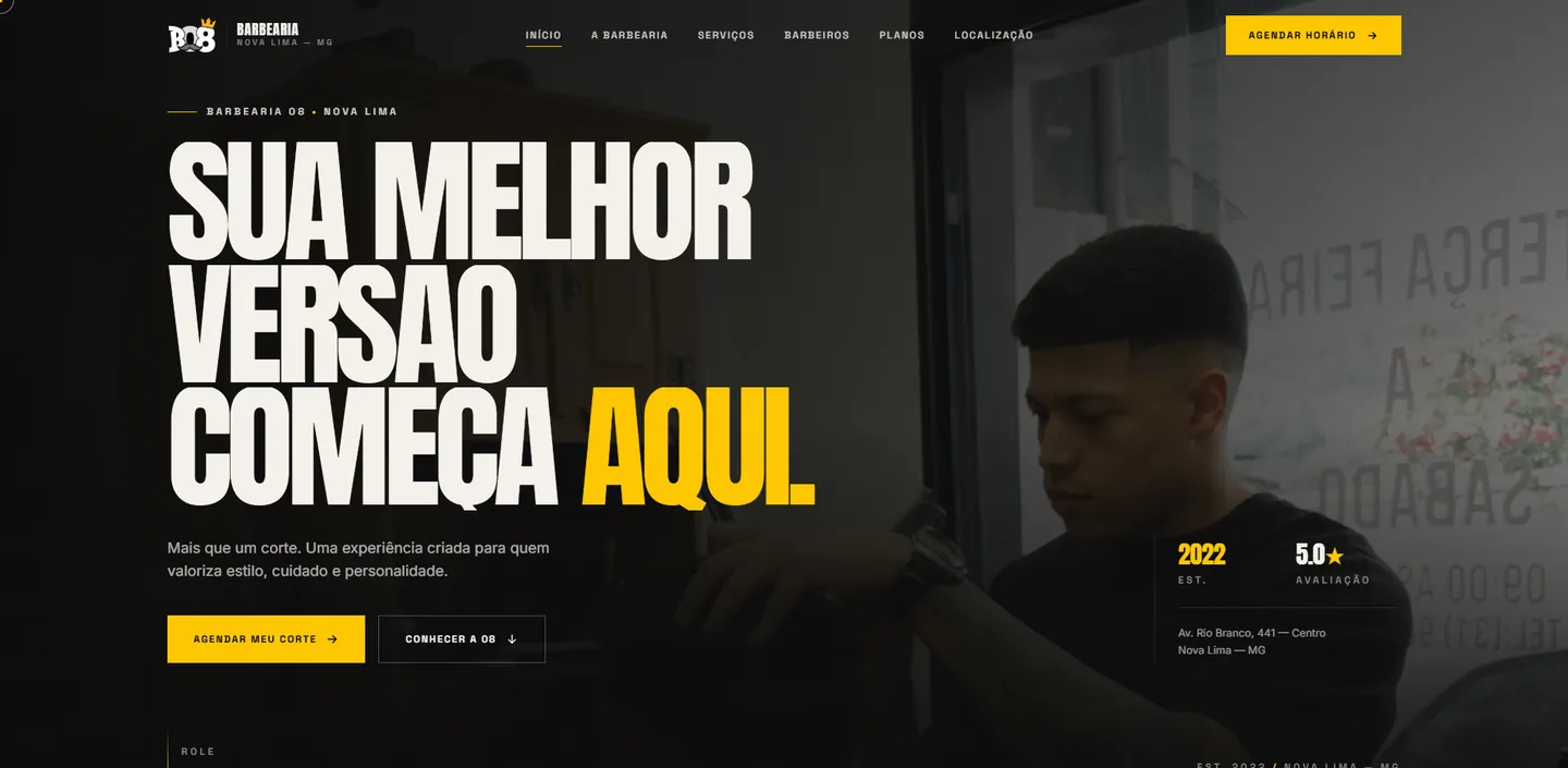 Página inicial do site da Barbearia 08