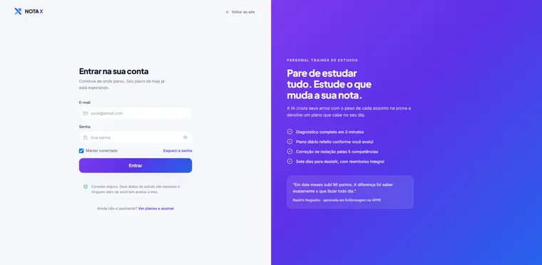 Tela de acesso da plataforma Nota X